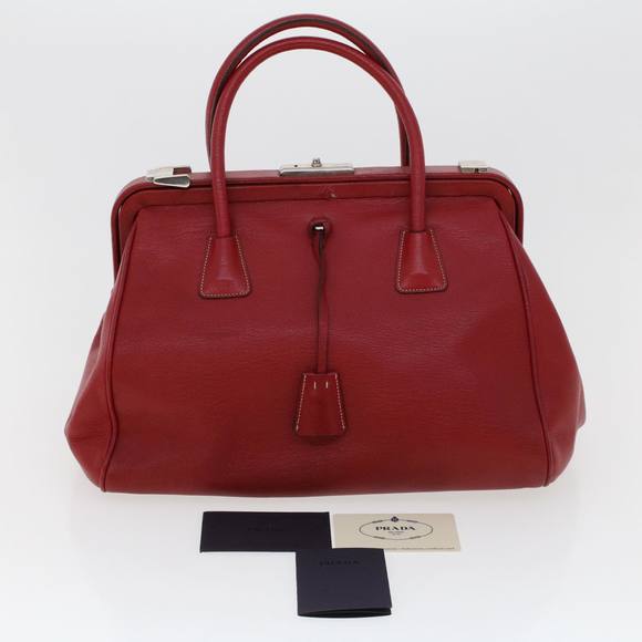PRADA Clasp Hand Bag Leather Red Auth bs5891 - Picture 12 of 16